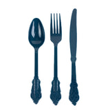 72 Pack Navy Blue Plastic Silverware Set in Baroque Style, Heavy Duty Disposable Forks#whtbkgd