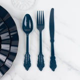 72 Pack Navy Blue Plastic Silverware Set in Baroque Style, Heavy Duty Disposable Forks