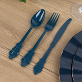 72 Pack Navy Blue Plastic Silverware Set in Baroque Style, Heavy Duty Disposable Forks