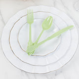 72 Pack Sage Green Plastic Silverware Set in Baroque Style, Heavy Duty Disposable Forks