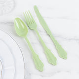 72 Pack Sage Green Plastic Silverware Set in Baroque Style, Heavy Duty Disposable Forks