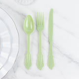 72 Pack Sage Green Plastic Silverware Set in Baroque Style, Heavy Duty Disposable Forks