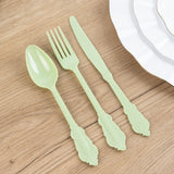 72 Pack Sage Green Plastic Silverware Set in Baroque Style, Heavy Duty Disposable Forks