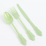 72 Pack Sage Green Plastic Silverware Set in Baroque Style, Heavy Duty Disposable Forks