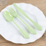 72 Pack Sage Green Plastic Silverware Set in Baroque Style, Heavy Duty Disposable Forks