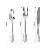 24 Pack | Metallic Silver Baroque Style Heavy Duty Plastic Silverware Set