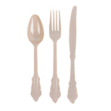 72 Pack Taupe Plastic Silverware Set in Baroque Style, Heavy Duty Disposable Forks#whtbkgd