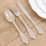 72 Pack Taupe Plastic Silverware Set in Baroque Style, Heavy Duty Disposable Forks