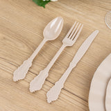 72 Pack Taupe Plastic Silverware Set in Baroque Style, Heavy Duty Disposable Forks