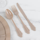 72 Pack Taupe Plastic Silverware Set in Baroque Style, Heavy Duty Disposable Forks