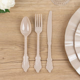 72 Pack Taupe Plastic Silverware Set in Baroque Style, Heavy Duty Disposable Forks