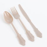 72 Pack Taupe Plastic Silverware Set in Baroque Style, Heavy Duty Disposable Forks