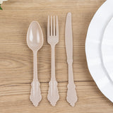 72 Pack Taupe Plastic Silverware Set in Baroque Style, Heavy Duty Disposable Forks