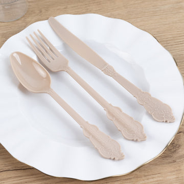 72 Pcs Taupe Plastic Silverware Set in Baroque Style, Heavy Duty Disposable Utensils - Knife, Fork and Spoon Set