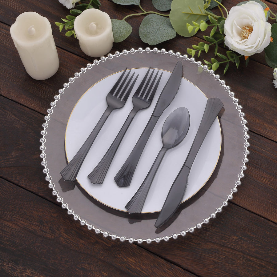 24 Pack Transparent Black Disposable Plastic Cutlery Set With Fan Flared Tip Handle 7inch Heavy Duty