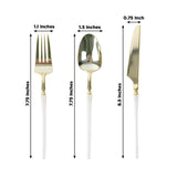 Gold disposable spoon, fork, and knife with clear handles on white background