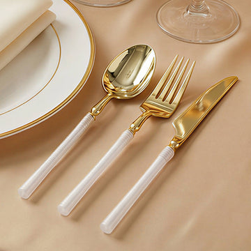 60 Pcs Plastic Cutlery Set Gold with White Handle, Heavy Duty Disposable Fork Spoon Knife Combo, Modern Minimalist Style