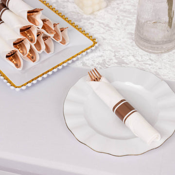 Set of 24 Pre Rolled White Paper Napkins with Rose Gold Plastic Silverware, Disposable Wrapped Cutlery Set - 24 Napkins, 24 Spoons, 24 Forks and 24 Knives