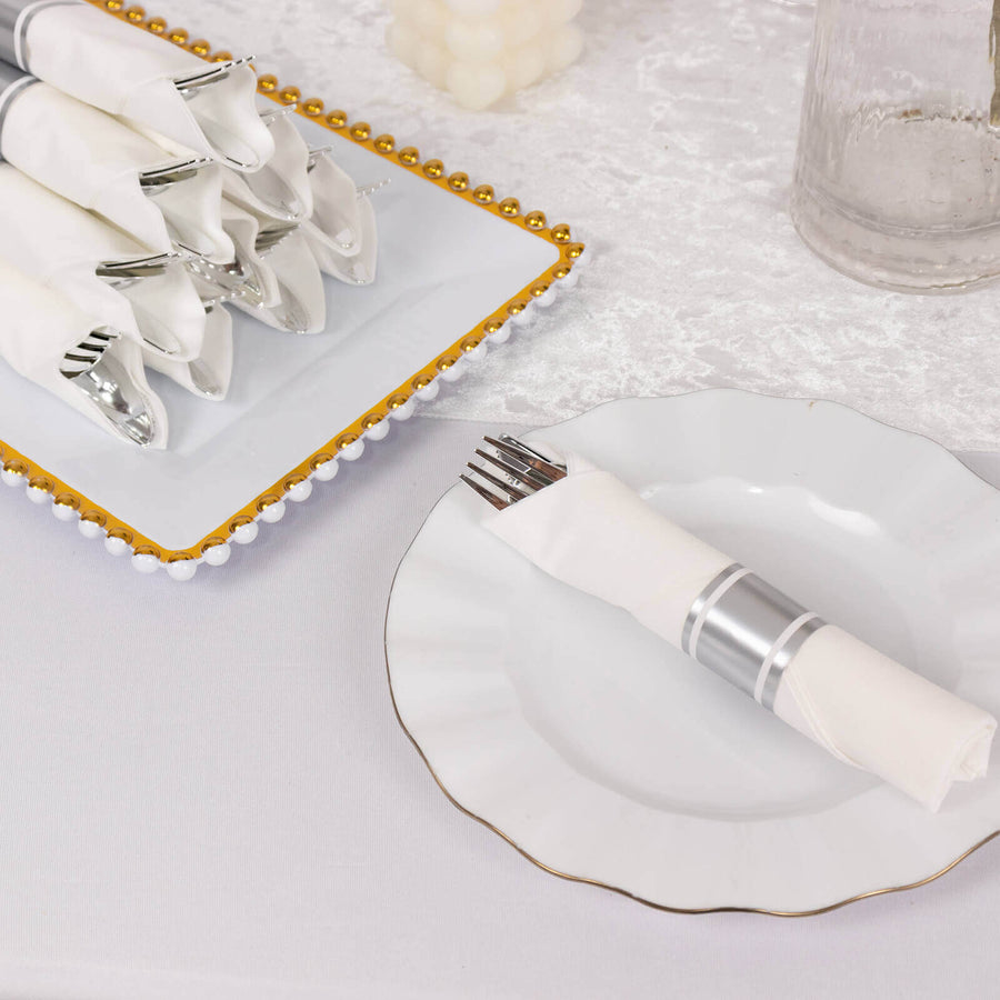 Set of 24 Pre Rolled White Paper Napkins with Silver Plastic Silverware