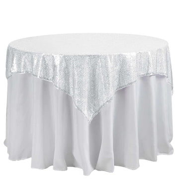 60"x60" Duchess Sequin Tablecloth Overlay, Square Table Overlay - White