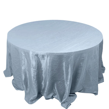 132" Dusty Blue Accordion Crinkle Taffeta Seamless Round Tablecloth for 6 Foot Table With Floor-Length Drop
