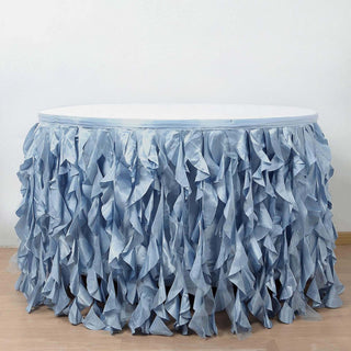 Elevate Your Event Decor with the 17ft Dusty Blue Curly Willow Taffeta Table Skirt