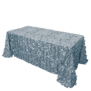 90"x132" Dusty Blue 3D Leaf Petal Taffeta Fabric Seamless Rectangle Tablecloth for 6 Foot Table With Floor-Length Drop