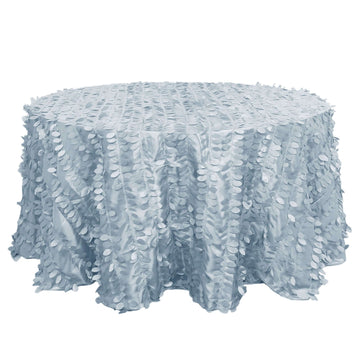 132" Dusty Blue 3D Leaf Petal Taffeta Fabric Seamless Round Tablecloth for 6 Foot Table With Floor-Length Drop