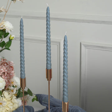 12 Pack | 11" Dusty Blue Premium Unscented Spiral Wax Taper Candles, Long Burn Wick Dinner Candle Sticks