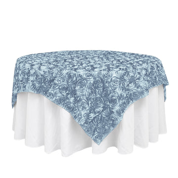 72"x72" Dusty Blue 3D Rosette Satin Table Overlay, Square Tablecloth Topper