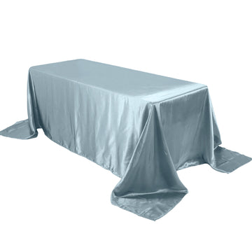 90"x132" Dusty Blue Satin Seamless Rectangular Tablecloth for 6 Foot Table With Floor-Length Drop
