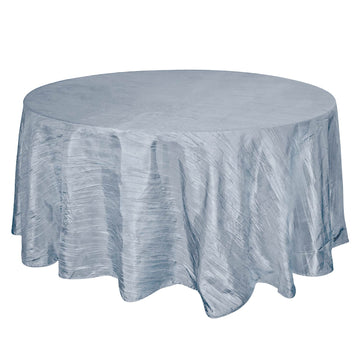 120" Dusty Blue Seamless Accordion Crinkle Taffeta Round Tablecloth for 5 Foot Table With Floor-Length Drop
