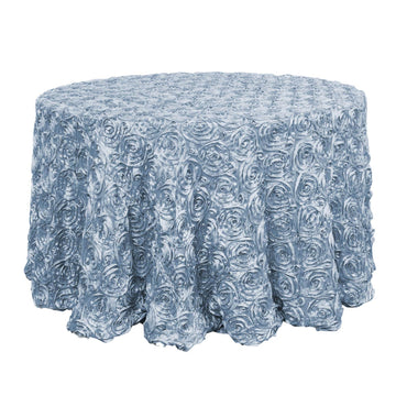 120" Dusty Blue Seamless Grandiose 3D Rosette Satin Round Tablecloth for 5 Foot Table With Floor-Length Drop