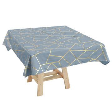 54"x54" Dusty Blue Seamless Polyester Square Tablecloth With Gold Foil Geometric Pattern