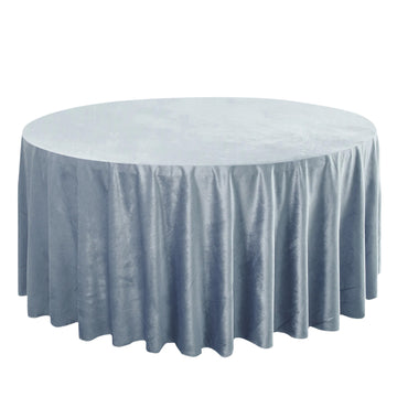 120" Dusty Blue Seamless Premium Velvet Round Tablecloth, Reusable Linen for 5 Foot Table With Floor-Length Drop