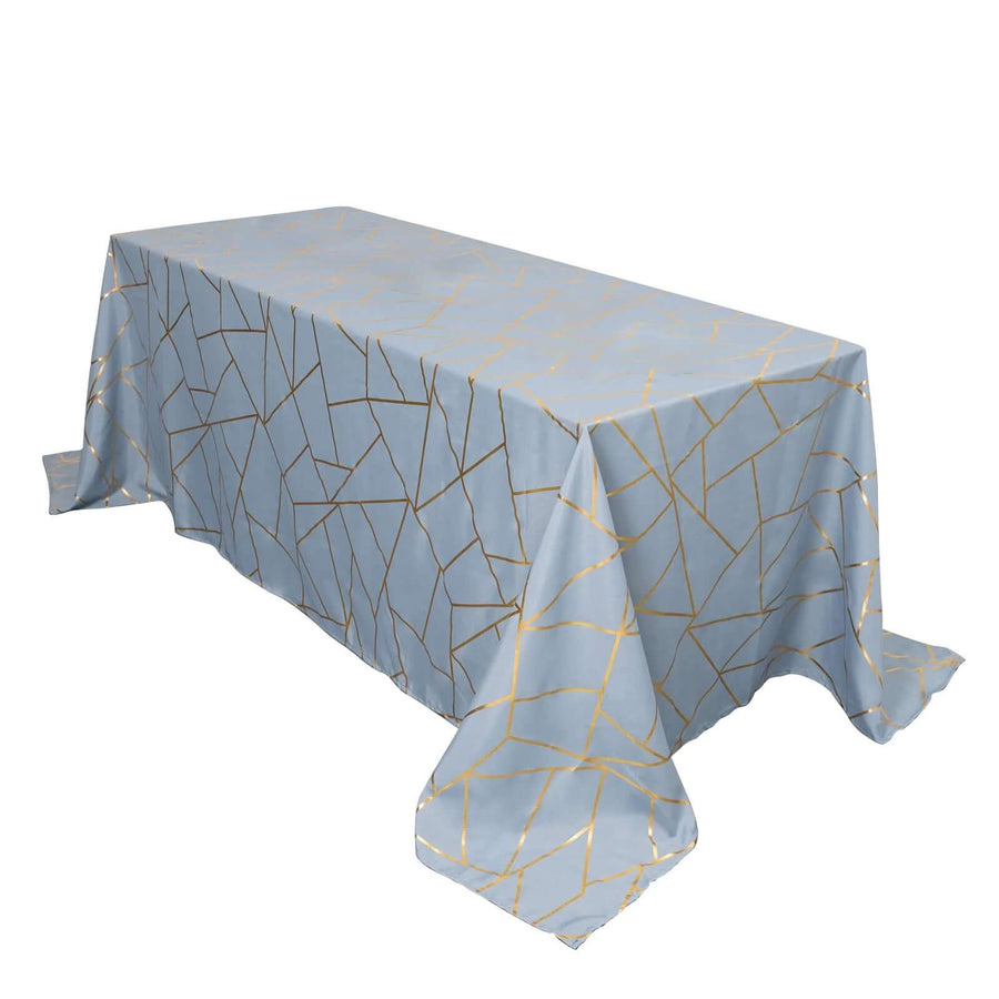 90inch x 132inch Dusty Blue Rectangle Polyester Tablecloth With Gold Foil Geometric Pattern