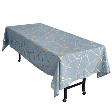 60"x102" Dusty Blue Seamless Rectangle Polyester Tablecloth With Gold Foil Geometric Pattern