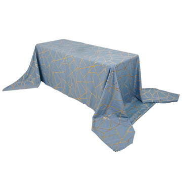 90"x156" Dusty Blue Seamless Rectangle Polyester Tablecloth With Gold Foil Geometric Pattern for 8 Foot Table With Floor-Length Drop