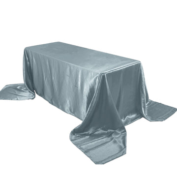 90"x156" Dusty Blue Seamless Satin Rectangular Tablecloth for 8 Foot Table With Floor-Length Drop