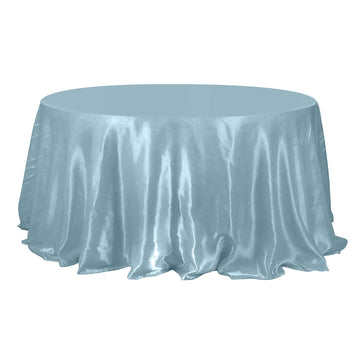 132" Dusty Blue Seamless Satin Round Tablecloth for 6 Foot Table With Floor-Length Drop