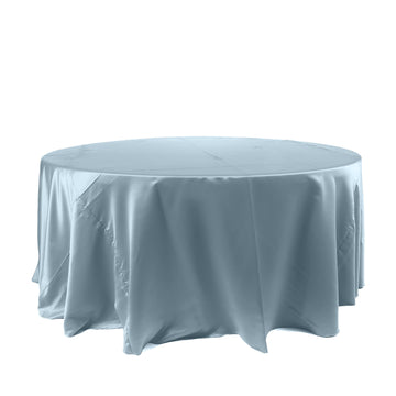 120" Dusty Blue Seamless Satin Round Tablecloth for 5 Foot Table With Floor-Length Drop