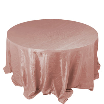 132" Dusty Rose Accordion Crinkle Taffeta Seamless Round Tablecloth for 6 Foot Table With Floor-Length Drop