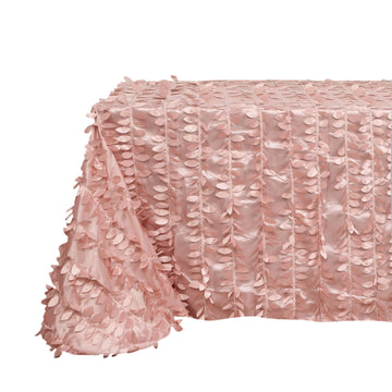 90"x156" Dusty Rose 3D Leaf Petal Taffeta Fabric Seamless Rectangle Tablecloth for 8 Foot Table With Floor-Length Drop