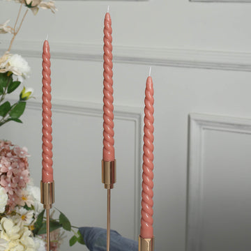 12 Pack | 11" Dusty Rose Premium Unscented Spiral Wax Taper Candles, Long Burn Wick Dinner Candle Sticks
