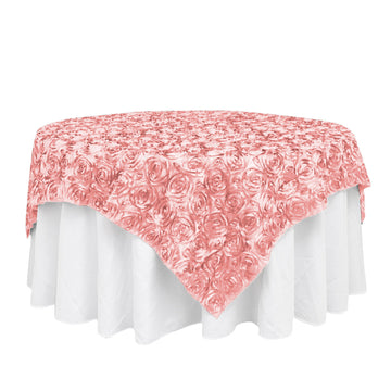 72"x72" Dusty Rose 3D Rosette Satin Table Overlay, Square Tablecloth Topper