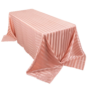 90"x132" Dusty Rose Satin Stripe Seamless Rectangular Tablecloth for 6 Foot Table With Floor-Length Drop