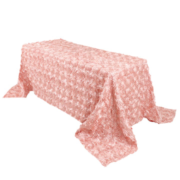 90"x132" Dusty Rose Seamless Grandiose 3D Rosette Satin Rectangle Tablecloth for 6 Foot Table With Floor-Length Drop