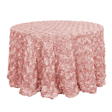 120" Dusty Rose Seamless Grandiose 3D Rosette Satin Round Tablecloth for 5 Foot Table With Floor-Length Drop