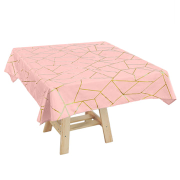 54"x54" Dusty Rose Seamless Polyester Square Tablecloth With Gold Foil Geometric Pattern