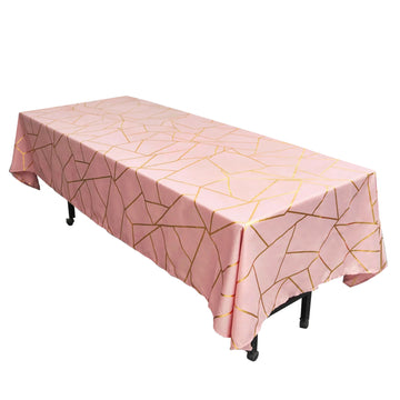 60"x102" Dusty Rose Seamless Rectangle Polyester Tablecloth With Gold Foil Geometric Pattern